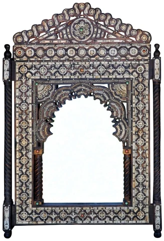 Antique Moroccan Moorish style mirror with bone and metal inlaid wood frame Cover
