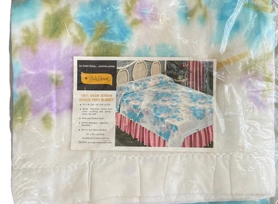 NOS Style House Printed Blue Green Floral Blanket MCM 70’s Era 72x90 - Image 1 of 4