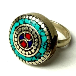 Marokkanische Handarbeit Berber Ring Mosaik Boho Tribal Vintage Rot Türkis Steine - Bild 1 von 7