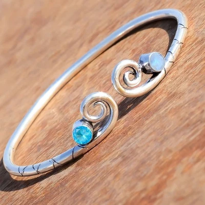 Bracciale in argento sterling 925 con topazio blu e pietra di luna regalo... - Immagine 1 di 4