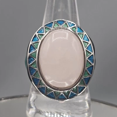 Anillo de cuarzo rosa Southwest talla 10 negro azul verde esmalte tono plata Foto 1 de 4