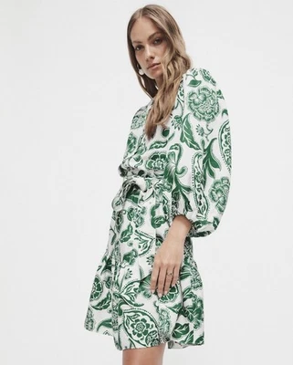 Witchery White Green Print Linen Blend Midi Dress Size 6 Tie Waist - image 1 of 4