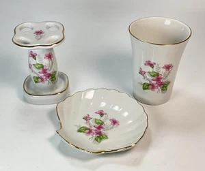 Bathroom Vanity Set Floral Cottagecore Shell Soap Dish Cup Toothbrush Holder VTG - Picture 1 of 8