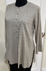 Tunica Eileen Fisher ~ PP Petite~ garzata morbido cotone marrone collo mandarino - Foto 1 di 6