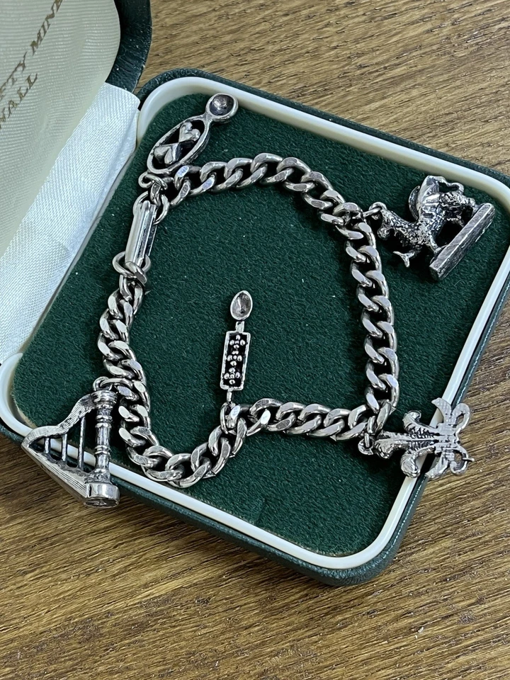 Vintage Welsh Theme Silver Tone Dangly Charm Chain Bracelet Dragon Love Spoon - Image 1 of 4