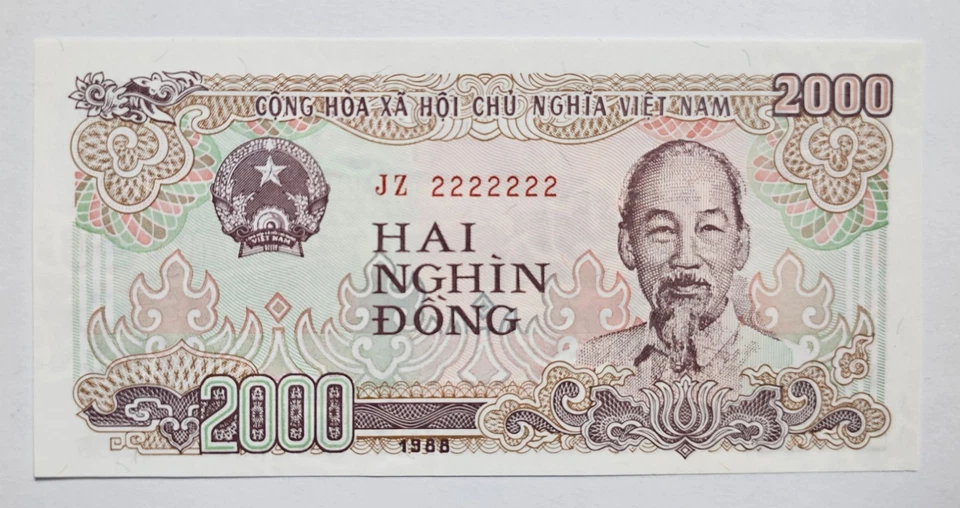 Vietnam 1988 / 2.000 Dong 2` sólido número de serie 2222222 gema UNC Foto 1 de 3