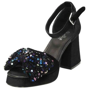 Shellys London Black Chunky Platform Shoes Ankle Strap Sequin Bow Sandals Retro