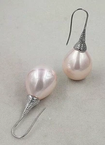 Sunmmer Beatuy 16 mm Water Drop Pink Shell Pearl Earrings 18KGP - Picture 1 of 2