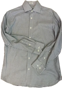 BUGATCHI SHAPED FIT BUTTON UP SHIRT MENS M NAVY BLUE CHECK LONG SLEEVE COTTON - Picture 1 of 22
