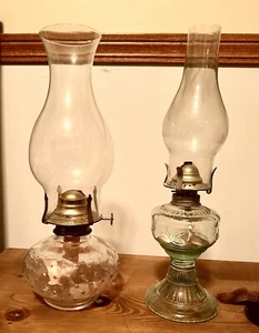 TWO DEPRESSION GLASS OIL BURNER HURRICANE LAMPS EUC PINK & GREEN - Picture 1 of 8