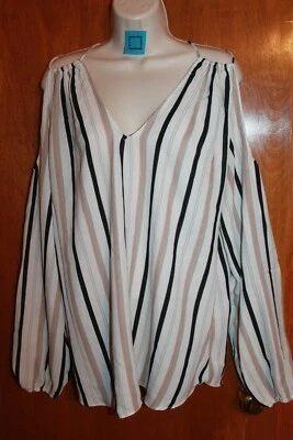 MISS ME Ladies Medium SHEER BLOUSE/TOP (white/beige/black stripe; cold shoulder) - Изображение 1 из 3