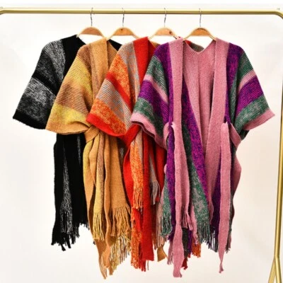 Женщин вязаный пончо плащ радуги полоски шаль куртка кардиган кисточки свитер - Изображение 1 из 4