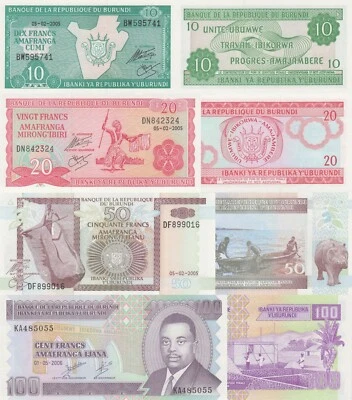 Burundi 4 PCS Set: 10, 20, 50, 100 Francs (2005) - p-33e,p-27d,p-36e,p-37e UNC - Image 1 of 4