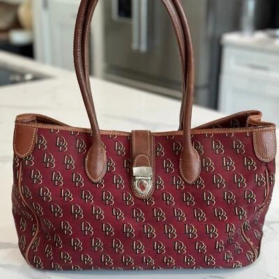 Dooney & Bourke Magenta Signature Logo Leather and Canvas Handbag - Image 1 of 4