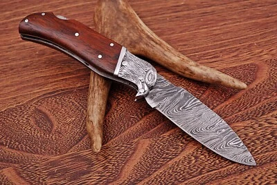 Cuchillo de bolsillo/hoja plegable de acero Damasco forjado a mano de 7" con funda/estuche ZH 76 Foto 1 de 4