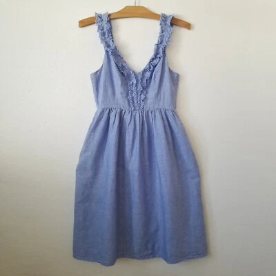 Vestido de verão Banana Republic feminino 4 mistura de linho alça de babado azul midi - Imagem 1 de 4
