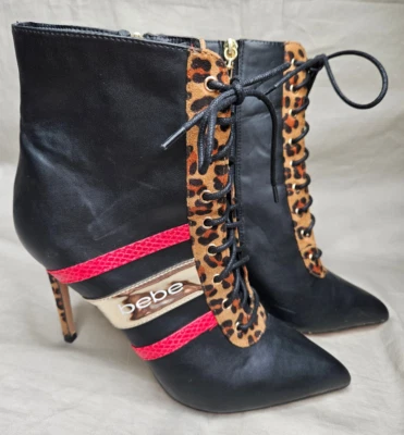 Botas de aguja Bebe con cordones para mujer talla 8,5 negras leopardo dorado acento punta en punta Foto 1 de 4