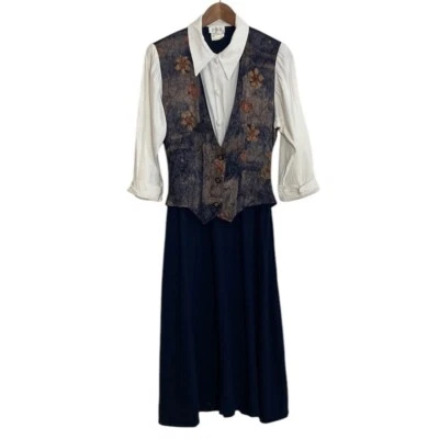 Vintage Dress Womens Medium White Navy Blue Shirtdress Vest 90s Mom Mid Flare Foto 1 de 4