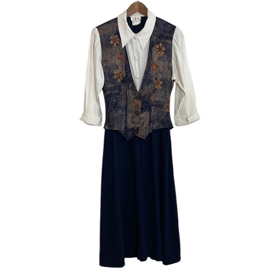 Vintage Dress Womens Medium White Navy Blue Shirtdress Vest 90s Mom Mid Flare Foto 1 de 4