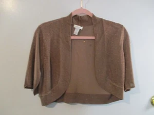 Chico's Womens Sz 1 M Short Sleeve Brown Glitter Metallic Cardigan Career Casual - Picture 1 of 7