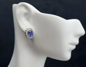 Modern 3 Carat Sapphire & Topaz Halo Cluster 10K Yellow Gold Stud Earrings - Picture 1 of 4