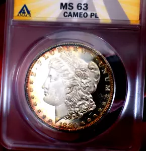 MORGAN SILVER DOLLAR 1880 S ANACS MS 63 CAMEO PL MONSTER MIRRORS WOW COIN - Picture 1 of 4