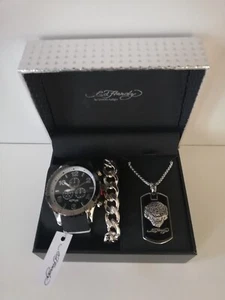 Ed Hardy Men’s Watch /Bracelet /Stainless Steel Necklace Gift Set New - Picture 1 of 11