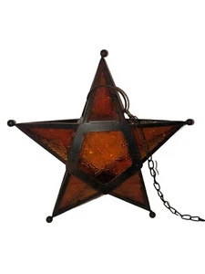 Vintage orange Buntglas hängend STERN Teelicht Kerzenhalter Spaß - Bild 1 von 6