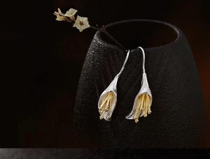 925 Sterling Silver & Gold Pollen Lily Flower Bell Hoop Earring Jewellery Gift