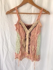 Vintage Fairy Grunge Patchwork Spitze Korsett Cami Tank Top rosa grün Band Blumen XS - Bild 1 von 6