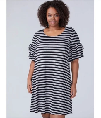 Vestido Lane Bryant Talla Grande 18 20 Rayas Manga Volantes Negro Gris Foto 1 de 4