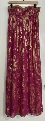Платье aidan mattox Fuschia & Gold Metallic Beaed Silk шифоновое без бретелек размер 6 - Изображение 1 из 4