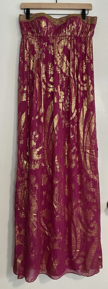 aidan mattox Fuschia & Gold Metallic Beaed Silk Chiffon Strapless Dress Size 6 - Image 1 of 4