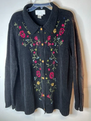 Diane's Essentials Womens Size 2X Black Cardigan Embroidered Flowers Sequins VTG - Image 1 of 4