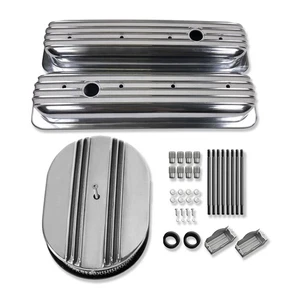 Polished Tall Finned Valve Covers & 12" Air Cleaner For GM SBC 283 400 1987-UP - Picture 1 of 5