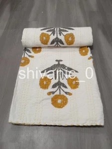 Reversible Kantha Bedspread Indian Handmade Quilt Throw Cotton Blanket Bedding - Picture 1 of 5