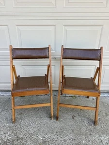 2-Vintage Mid Century Padded Wood Made In Romania Folding Chairs - Picture 1 of 16