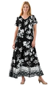 Woman Within Boho Artsy Dress Plus Size 18/20 Black Floral Crinkled Maxi A-line - Picture 1 of 8