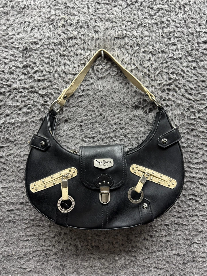 Pepe Jeans London Y2K Womens Studded Zip Pockets Leather Handbag Black — 第 1/4 张图片