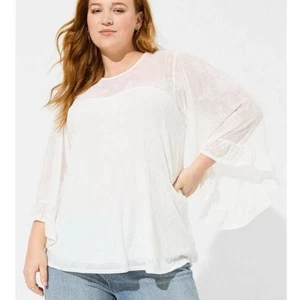 Torrid Flocked Mesh Bohemian Blouse Size 2 Lined See Thru Bell Sleeves Pullover - Picture 1 of 10