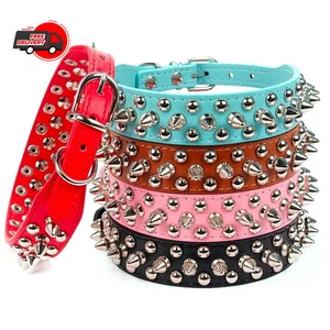 Spiked Studded Leather Dog Collar Rivets Pet Small Large Cat Pit Bull Adjustable - Foto 1 di 18