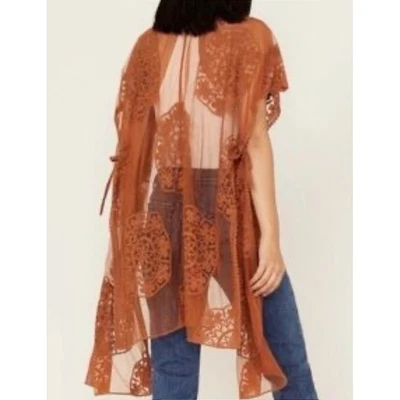 Cárdigan kimono bordado transparente Shyanne para mujer OS Rust Festival Boho frente abierto Foto 1 de 4