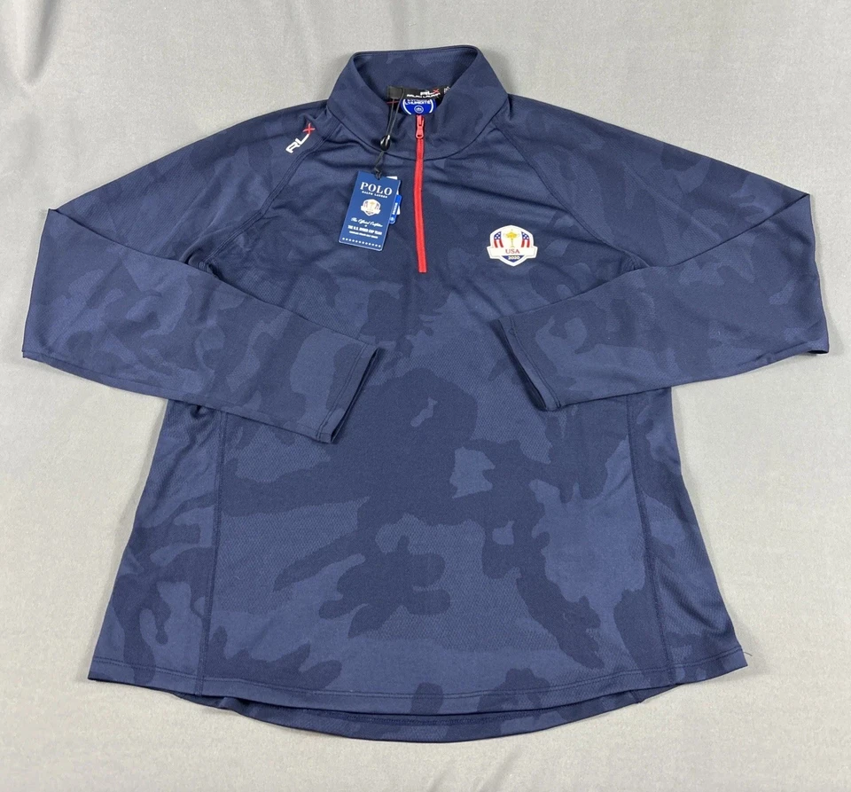 Pullover de golf RLX Ryder Cup Ralph Lauren para mujer EE. UU. camuflado 1/4 cremallera azul grande $125 Foto 1 de 4