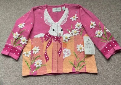 NWT Design Options S M Easter Bunny Rabbit Daisy Sweater Cardigan Christmas Gift - Image 1 of 4