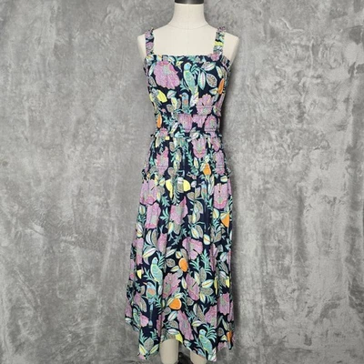 Eliza J Blue Tropical Birds Woman Sun Dress Sz 6 Sleeveless Smocked Casual Midi - Image 1 of 4
