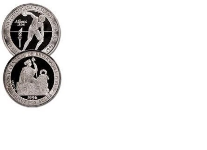 Rare 1996 Peru Lrg.Silver pattern 20 S Olympic .Discus T2 - Image 1 of 1
