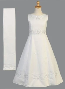 White Flower Girl First Communion Baptism Dress Satin Size 10 Shawl Beads New - Picture 1 of 2