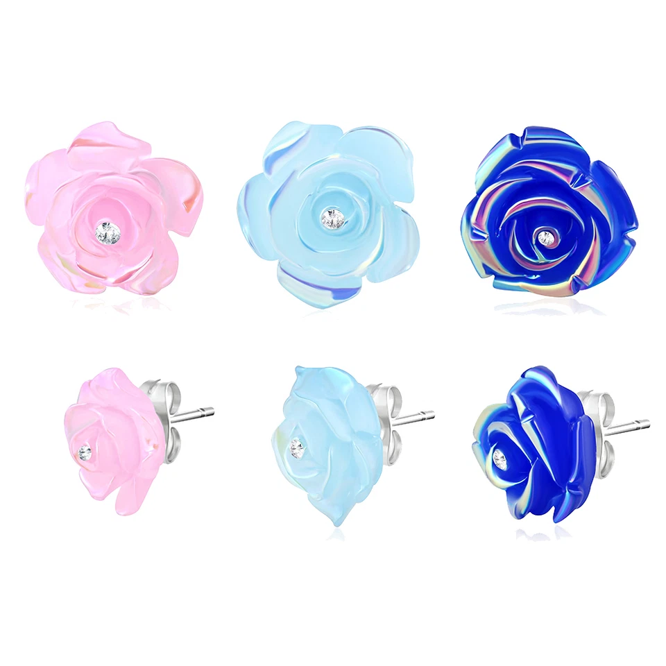 2er Set Edelstahl Ohr Stecker Rose Blume Rosa Türkis Blau Piercing Ohrring Damen - Bild 1 von 1