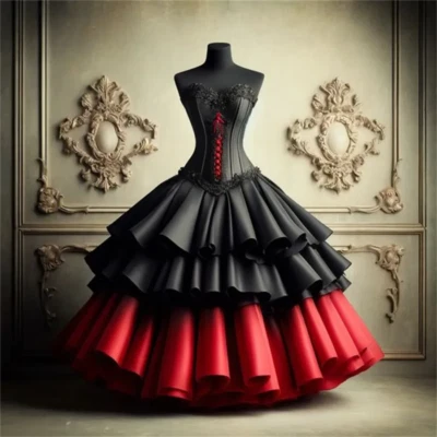 Black Vampire Wedding Dress Victorian Tiered Ruffles Medieval Gothic Bridal Gown - Image 1 of 4