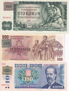 Czech Set 3 UNC 100 500 1000 Korun 1961-1985 (1993) P 1 P 2 P 3 Stamp - Picture 1 of 4
